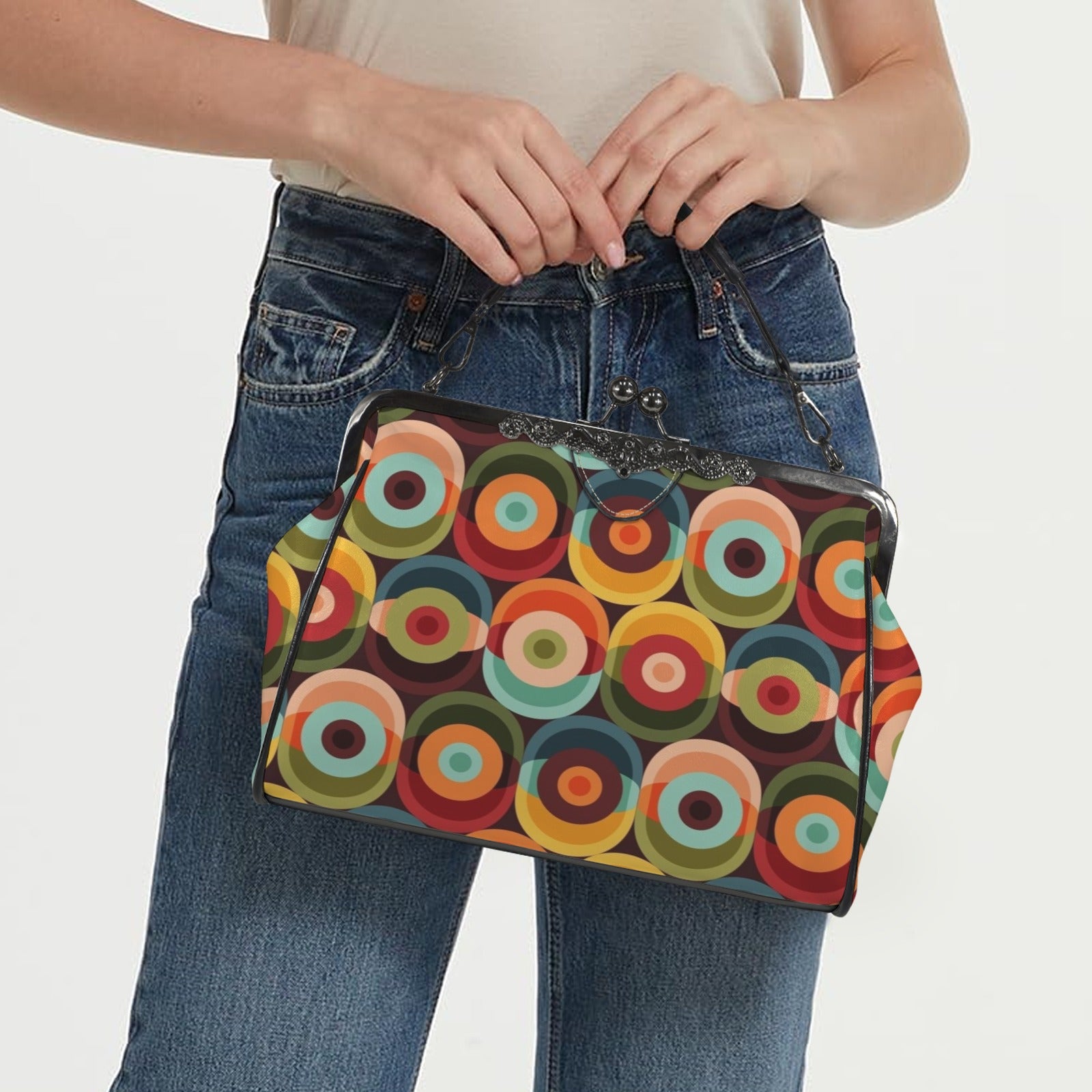 Retro Groovy Mod Space Orb Designed Mid Century Modern Kisslock Crossbody Purse - Mid Century Modern Gal