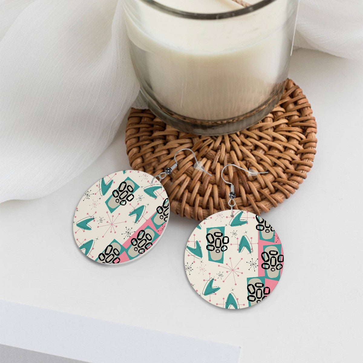 Mid Century Modern Atomic Boomerang Round Vegan Leather Earrings - Mid Century Modern Gal