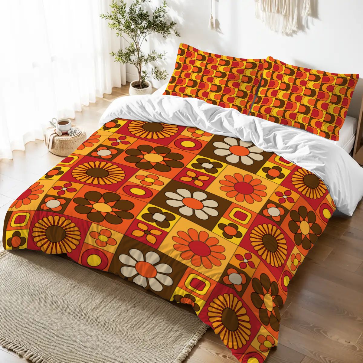 Retro 70s Bedding, Orange Brown Yellow, Hip Mod Daisy Flower Power Queen Duvet Cover Set - Mid Century Modern Gal