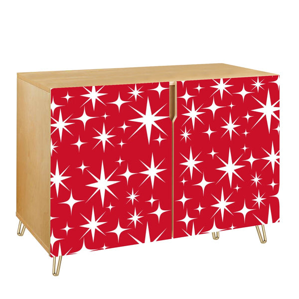 Atomic 50s Retro Red White Starburst, Mid Century Modern Wooden Storage Cabinet