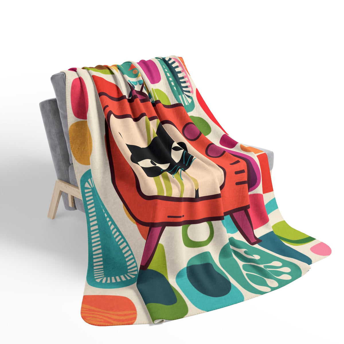 Mid Century Modern Amoeba Designed Atomic Cat Retro Mod Velveteen Microfiber Blanket - Mid Century Modern Gal