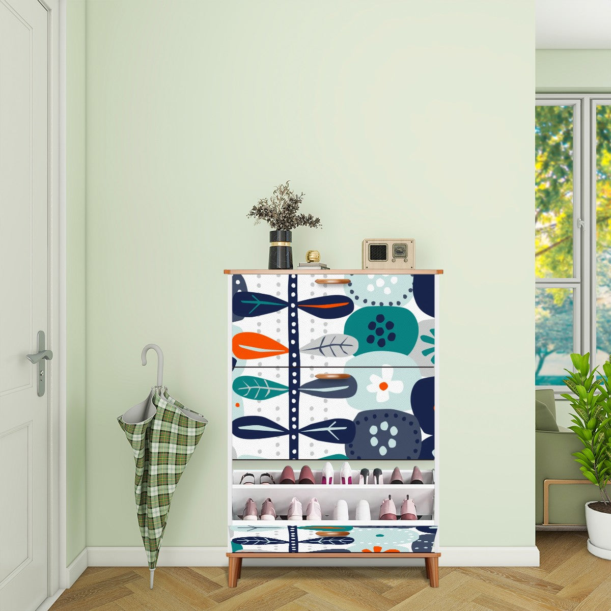 Scandinavian Blue Orange White, Teal Modern Danish Floral Shoe Cabinet - Mid Century Modern Gal