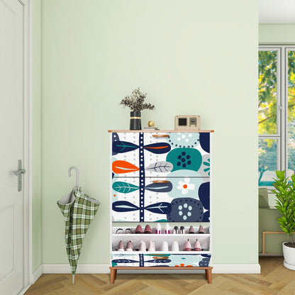Scandinavian Blue Orange White, Teal Modern Danish Floral Shoe Cabinet - Mid Century Modern Gal