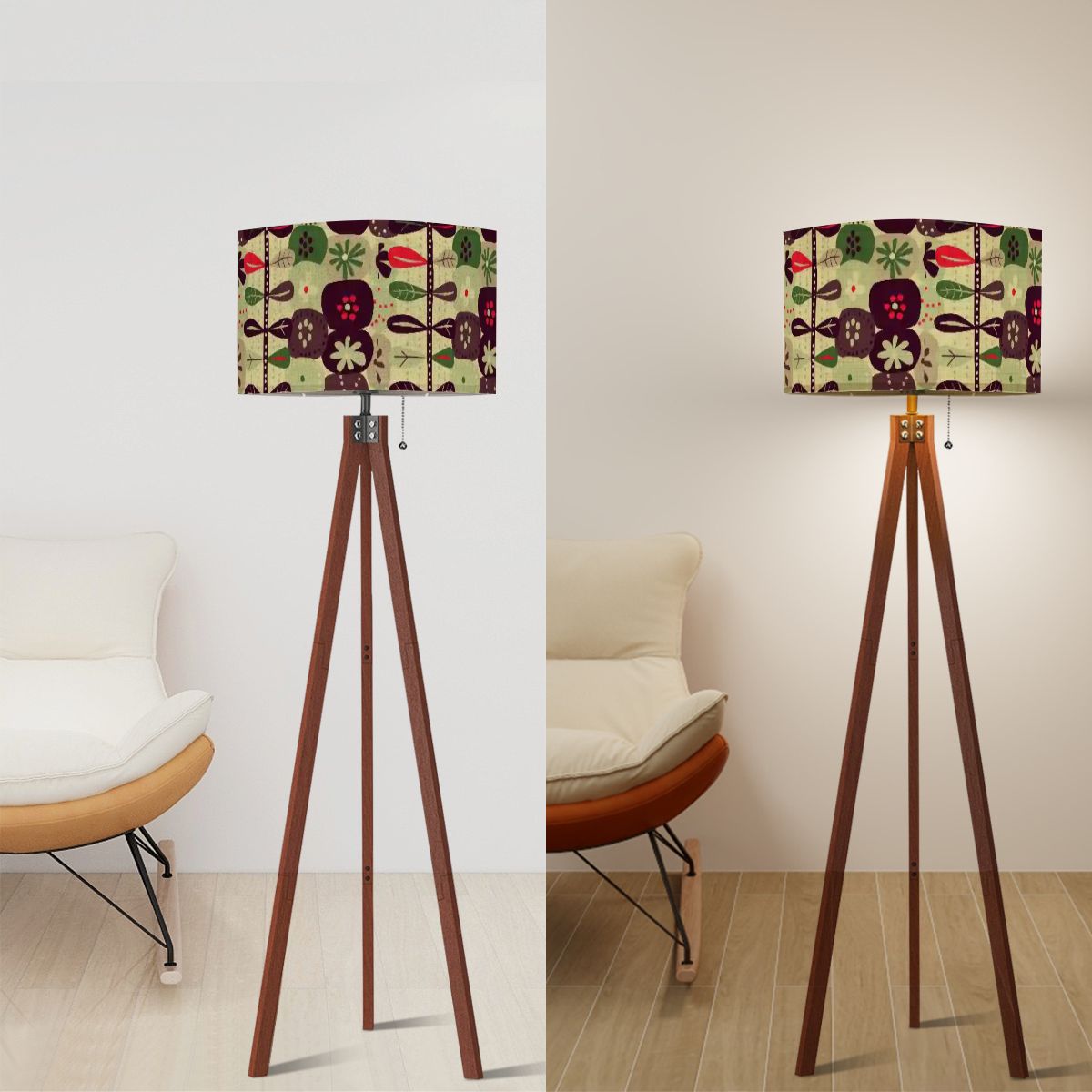 Retro Scandinavian Boho Floral Designed, Modern Danish Borwn, Green MCM Tripod Floor - Mid Century Modern Gal