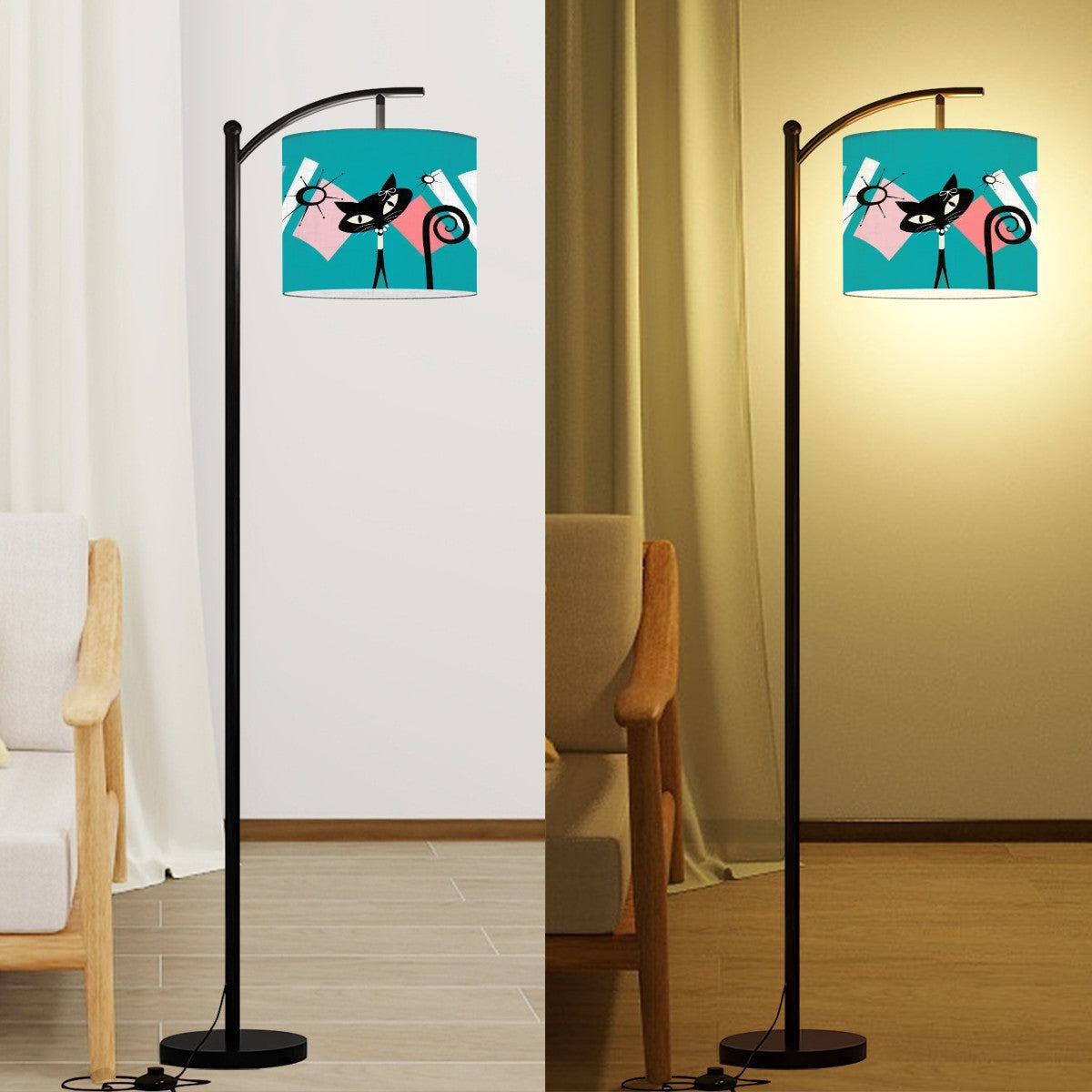 Mid Century Modern Atomic Cat,Arc Floor Lamp In Coral Aqua Kitsch Design