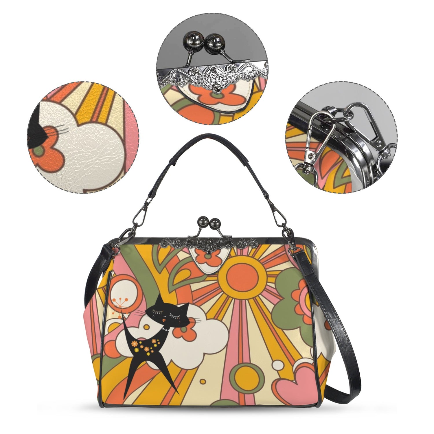 Retro Groovy 70s Sunshine Mid Mod Hippie Vibes and Atomic Cat Kisslock Crossbody Purse - Mid Century Modern Gal