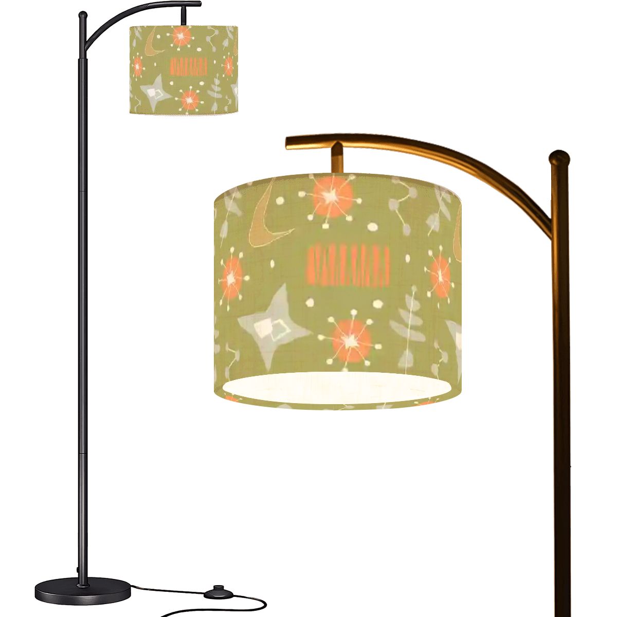 Atomic Space Mid Century Modern Arc Floor Lamp, Orange Boomerang, Green Starbursts - Mid Century Modern Gal