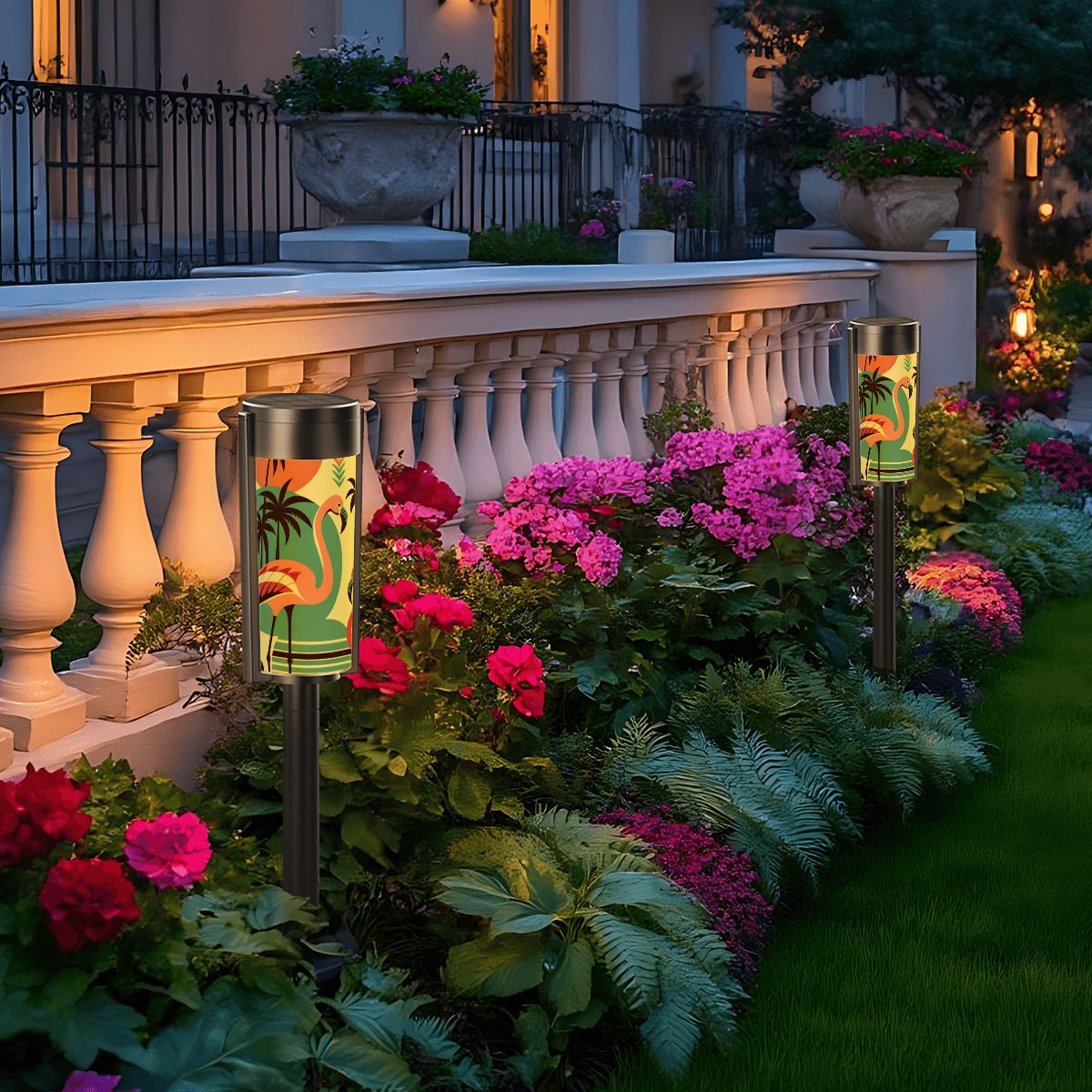 Retro Flamingo Garden Outdoor Solar Lights, Tropical Garden Breeze MCM Modern Pathway Lighting - Mid Century Modern Gal