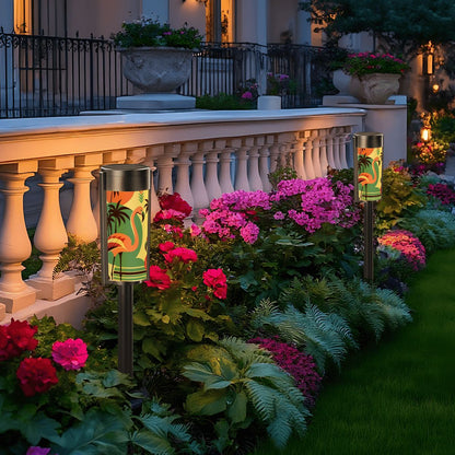 Retro Flamingo Garden Outdoor Solar Lights, Tropical Garden Breeze MCM Modern Pathway Lighting - Mid Century Modern Gal