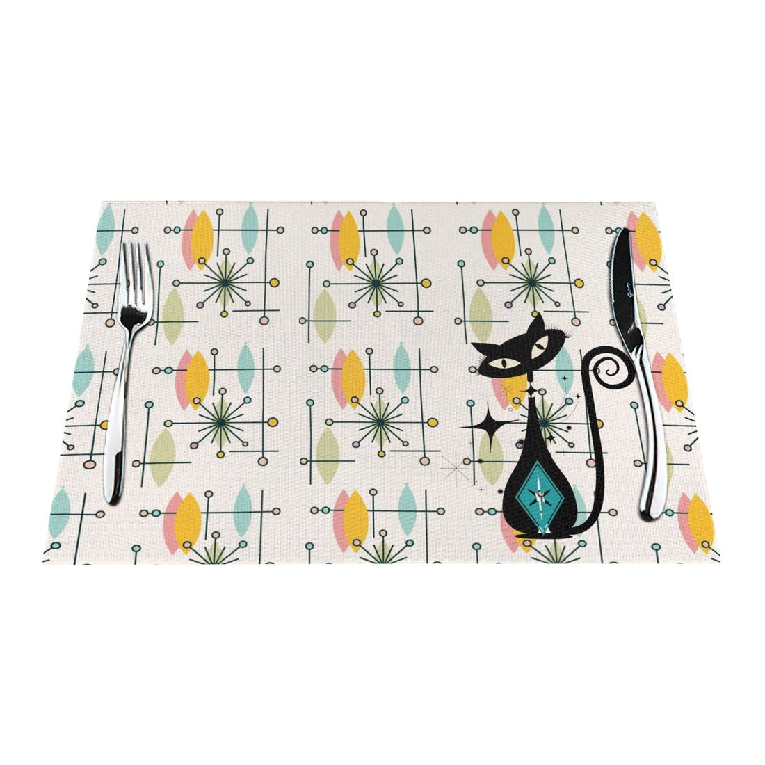 Atomic Cat Mid Century Modern White Starburst Kitschy Retro Woven Placemat - Mid Century Modern Gal