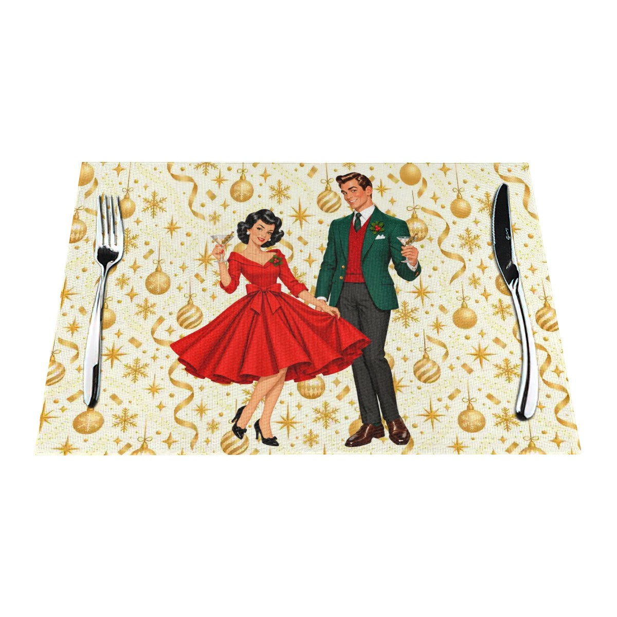 Mid Century Modern Christmas Party Martini Couple Placemat 1pc - Mid Century Modern Gal