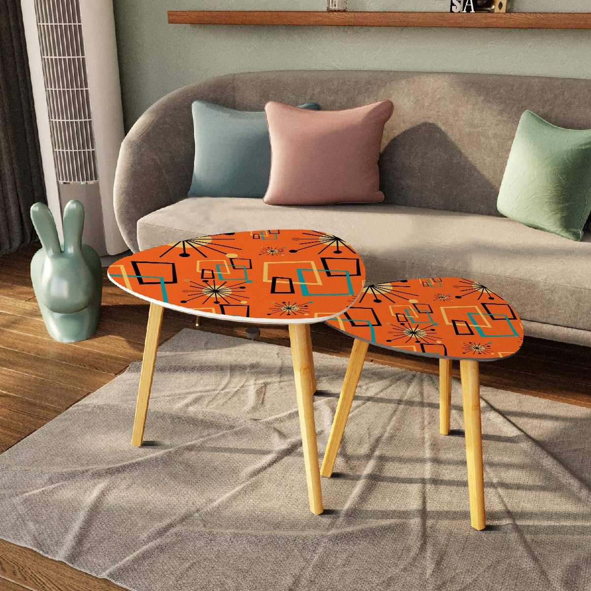 Mid Century Modern Atomic Starburst, Orange Mod Nesting Tables