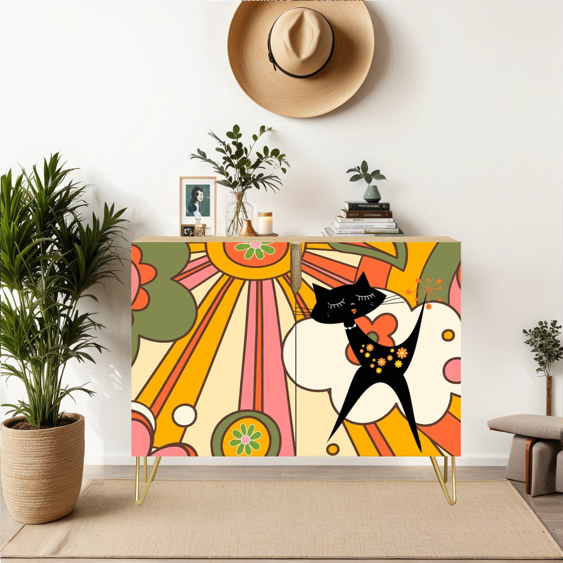 Retro 70s Groovy TV Cabinet, Sideboard Credenza With Groovy Cat Wooden Storage Cabinet - Mid Century Modern Gal