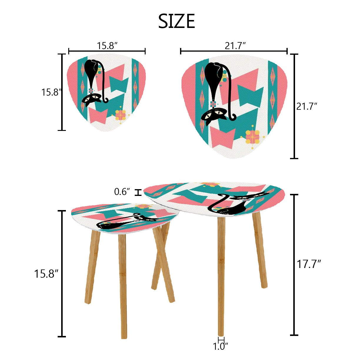 Atomic Cat Mid Century Modern Nesting Tables, Pink, Teal Kitschy Livingroom, Bedroom Tables