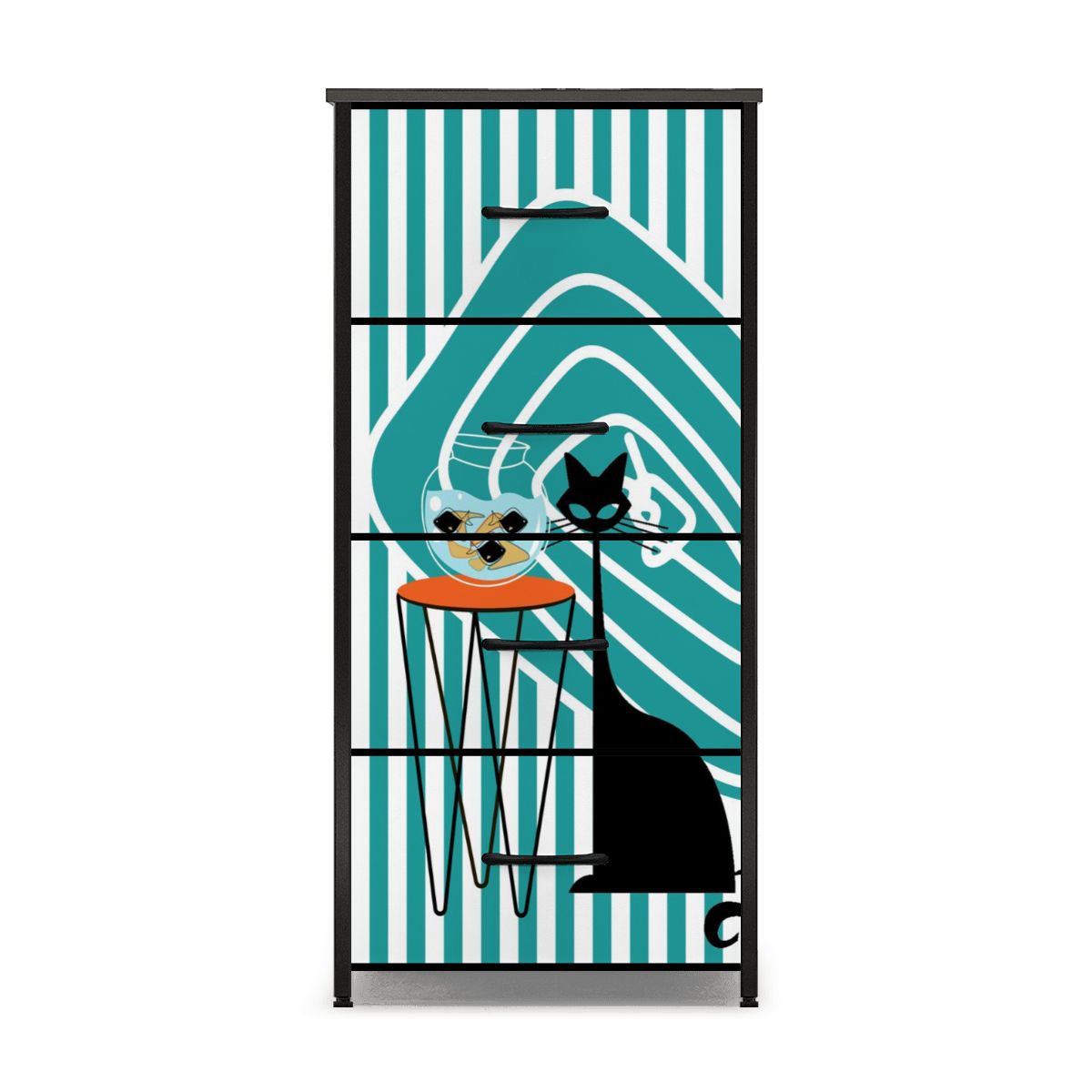 Atomic Kitschy Black Cat, Striped Mod Retro 4-Drawer Dresser - Mid Century Modern Gal
