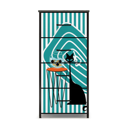 Atomic Kitschy Black Cat, Striped Mod Retro 4-Drawer Dresser - Mid Century Modern Gal