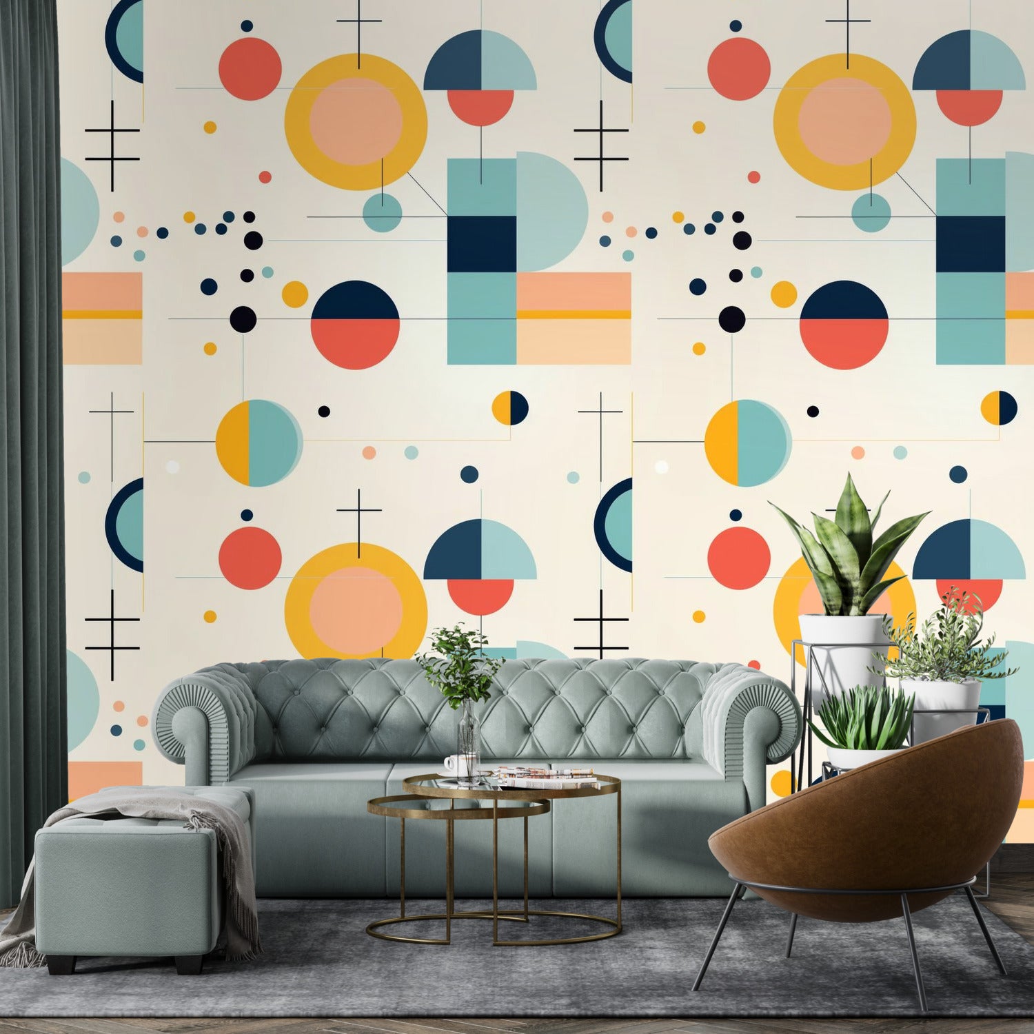 Mid Century Modern Bauhaus Designed, Geometric Yellow, Orange, Aqua MCM Peel And Stick Wall Murals