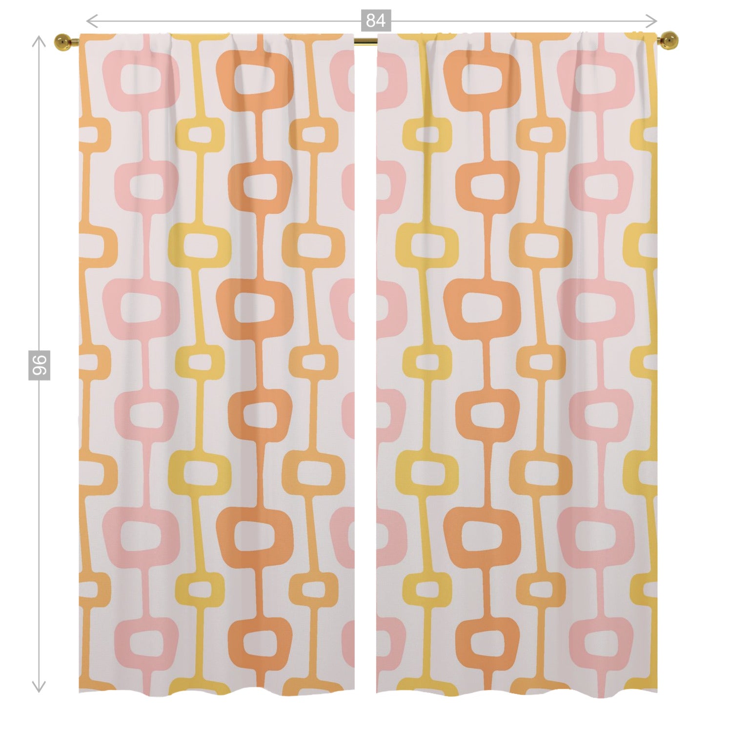 Mid Centuiry Modern Retro Groovy Geometric, Pink, Orange, Yellow MCM Window Curtains (two panels)