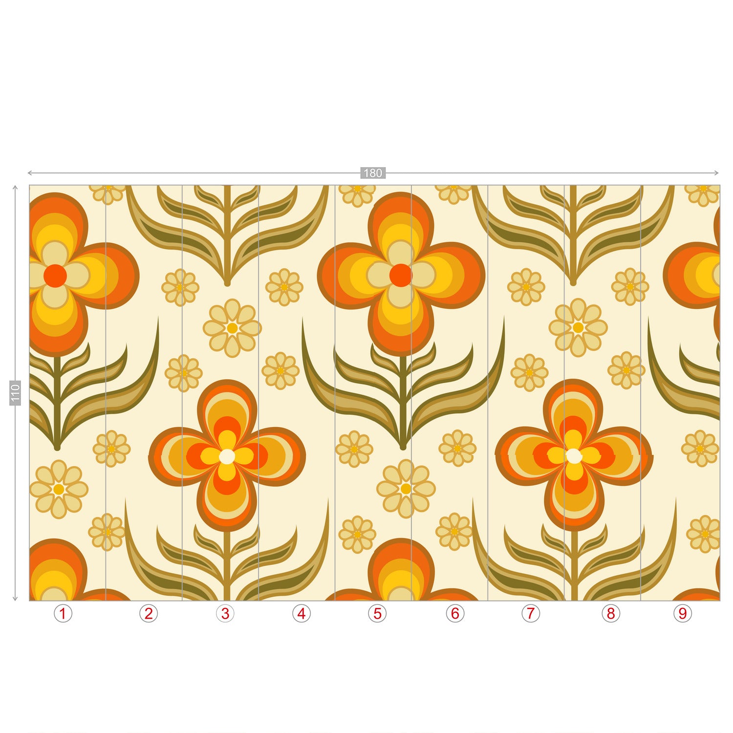 Flower Power, Scandinavian Floral Wallpaper, Peel And Stick Orange, Yellow Green Wall Mural