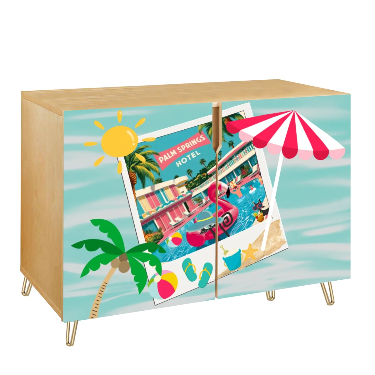 Hotel California 50s Palm Springs California Kitschy Flamingo, Atomic Cats Mid Century Modern Wooden Storage Cabinet - Mid Century Modern Gal