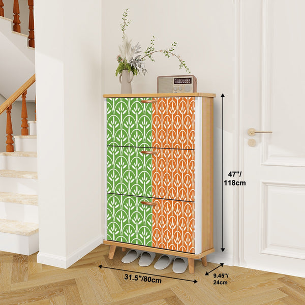 Art Deco Modern Shoe Storage Cabinet | Green Grass And Tangerine Orange Stylish & Functional Entryway Organizer