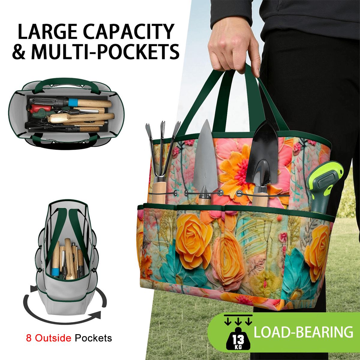 Bohemian Retro Flower, Faux Pressed Floral Mod Garden Tool Bag