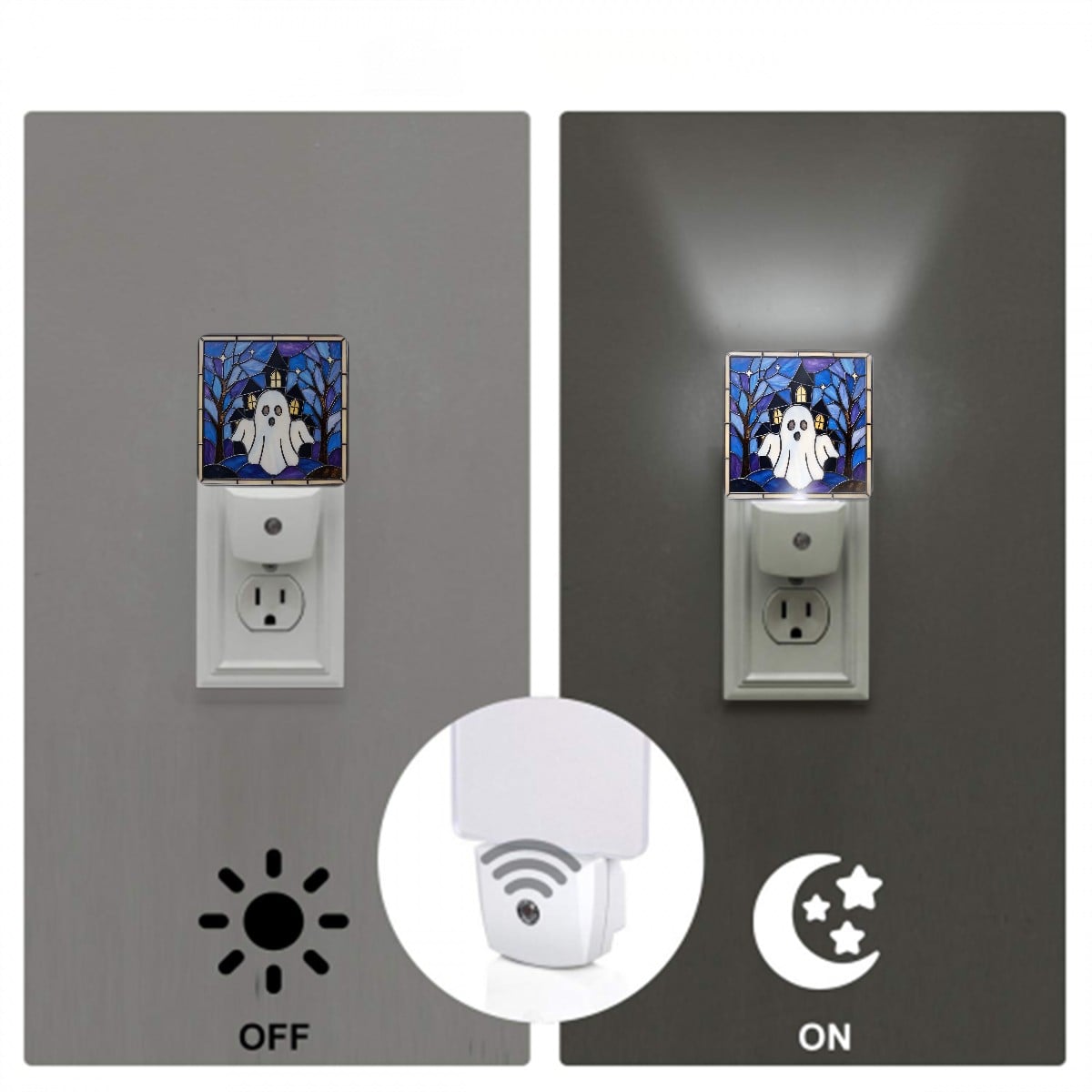 Halloween Stained Glass Style Ghost Haunted House LED Night Light Set of 2