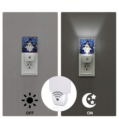 Halloween Stained Glass Style Ghost Haunted House LED Night Light Set of 2
