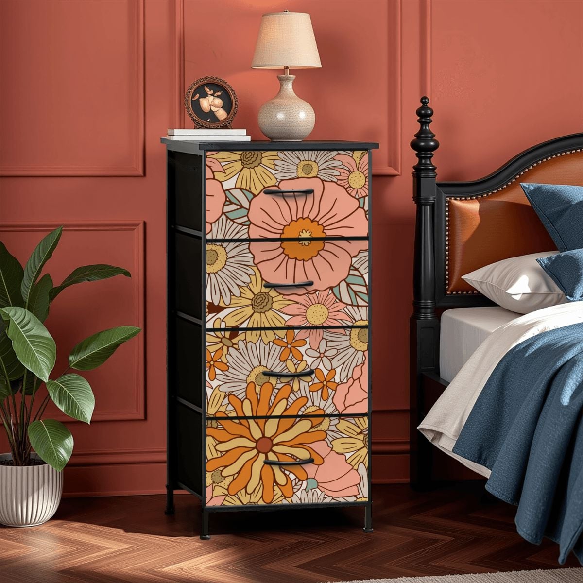 70s Floral Pink Orange 4-Drawer Dresser - Mid Century Modern Gal