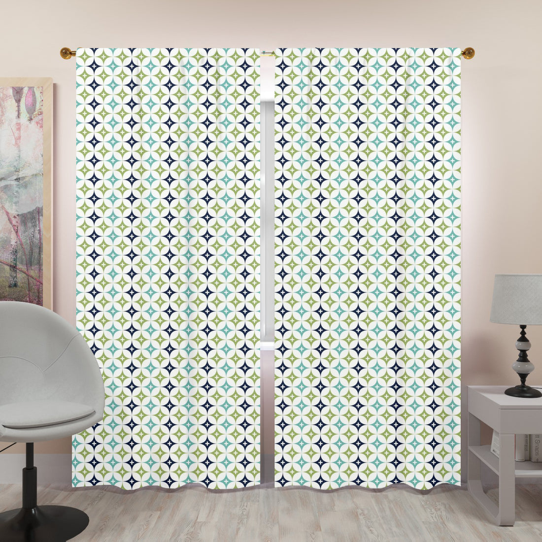 Blue Green, Aqua Diamond Starburst Retro Mid Century Modern Opaque Window Curtains