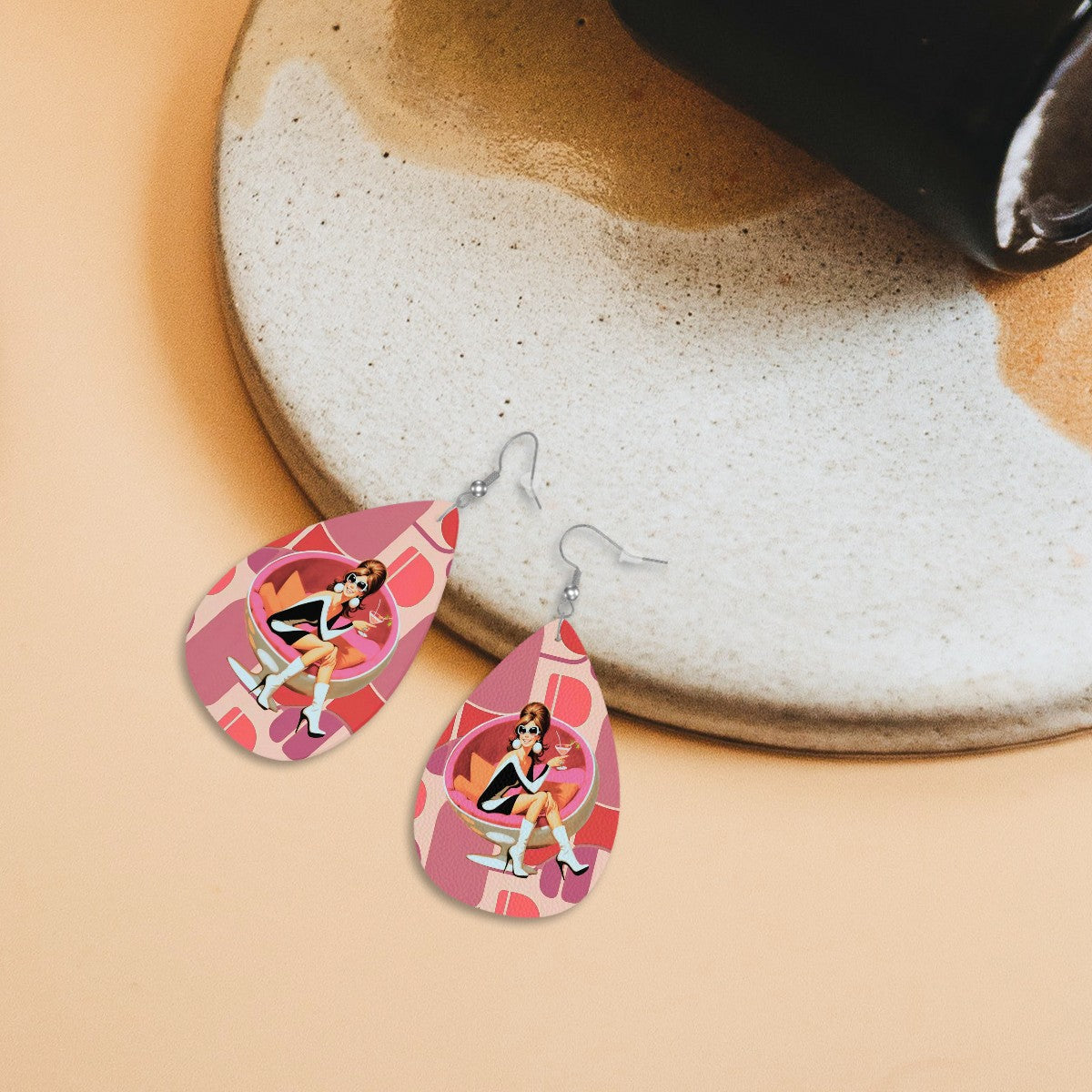 Mod 60s Gal Atomic Cocktail Hour, Pink Retro Faux Leather Teardrop Earrings - Mid Century Modern Gal