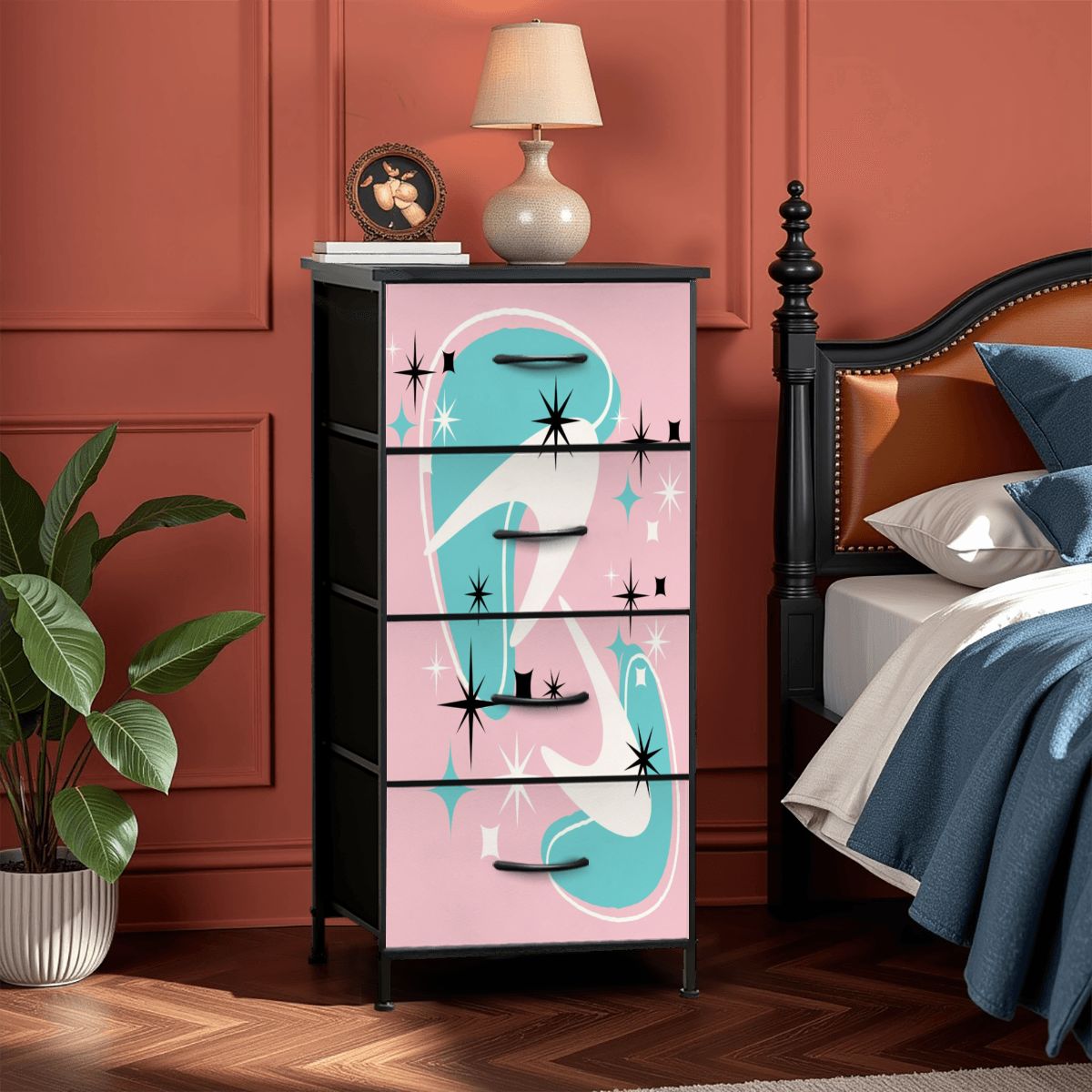 Atomic Starbursts and Boomerangs, Pink Aqua White Mid Century Modern 4-Drawer Dresser - Mid Century Modern Gal