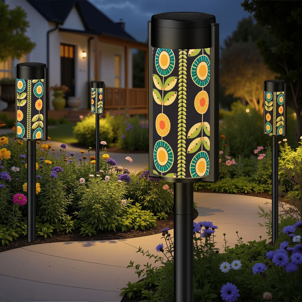 Scandinavian Modern Danish Flower, Blue Orange Green Retro Outdoor Solar Lights - Mid Century Modern Gal