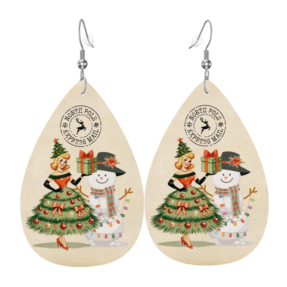 Mid Century Modern Christmas Tree Mod Gal North Pole Express Kitschy Faux Leather Teardrop Earrings - Mid Century Modern Gal