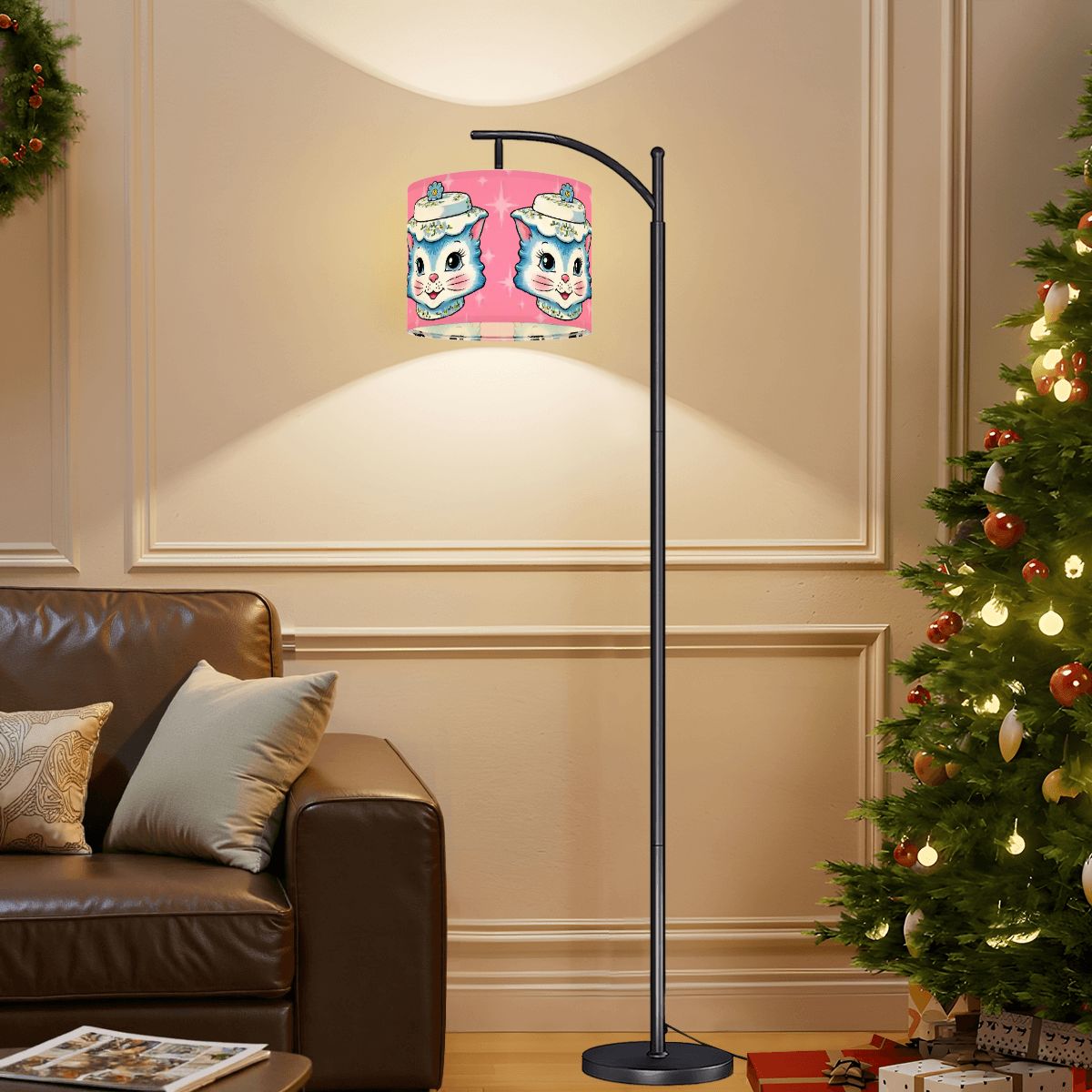Mid Century Modern Kitschy Anthropomorphic Blue Cat with Floral Hat Arc Floor Lamp