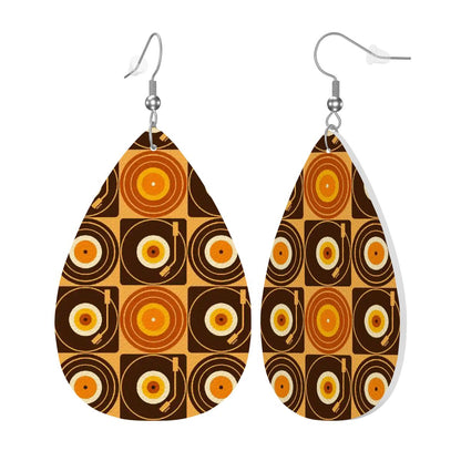 Groovy Retro Record Players, Brown Orange Yellow Vegan Leather Teardrop Earrings - Mid Century Modern Gal