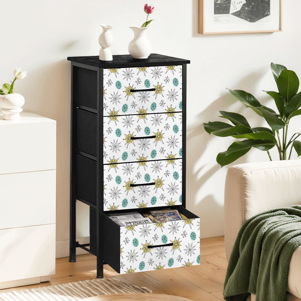 Mid Mod Minimalist, Franciscan Starburst White, Blue, Green Starburst 4-Drawer Dresser - Mid Century Modern Gal