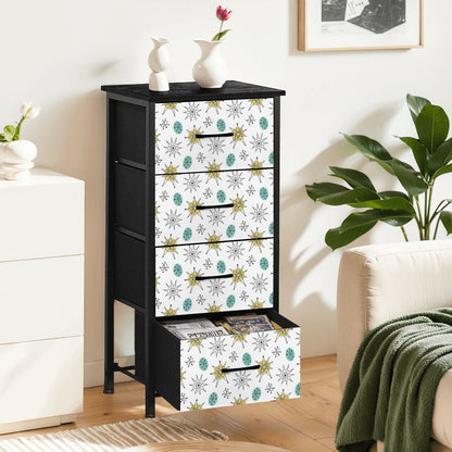 Mid Mod Minimalist, Franciscan Starburst White, Blue, Green Starburst 4-Drawer Dresser - Mid Century Modern Gal