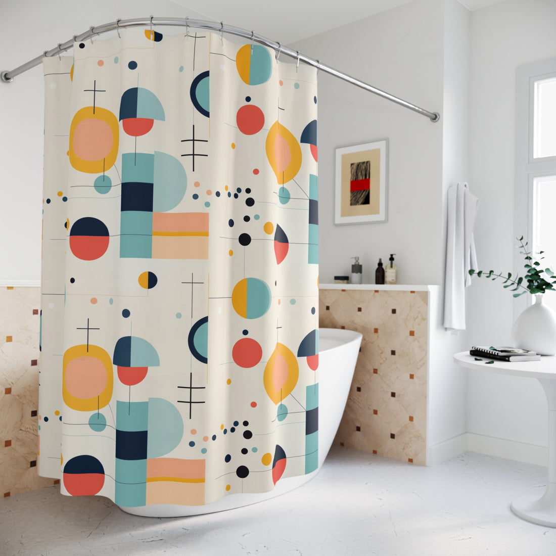 Mid Mod Bauhaus Retro Geometric Abstract Designed Shower Curtain
