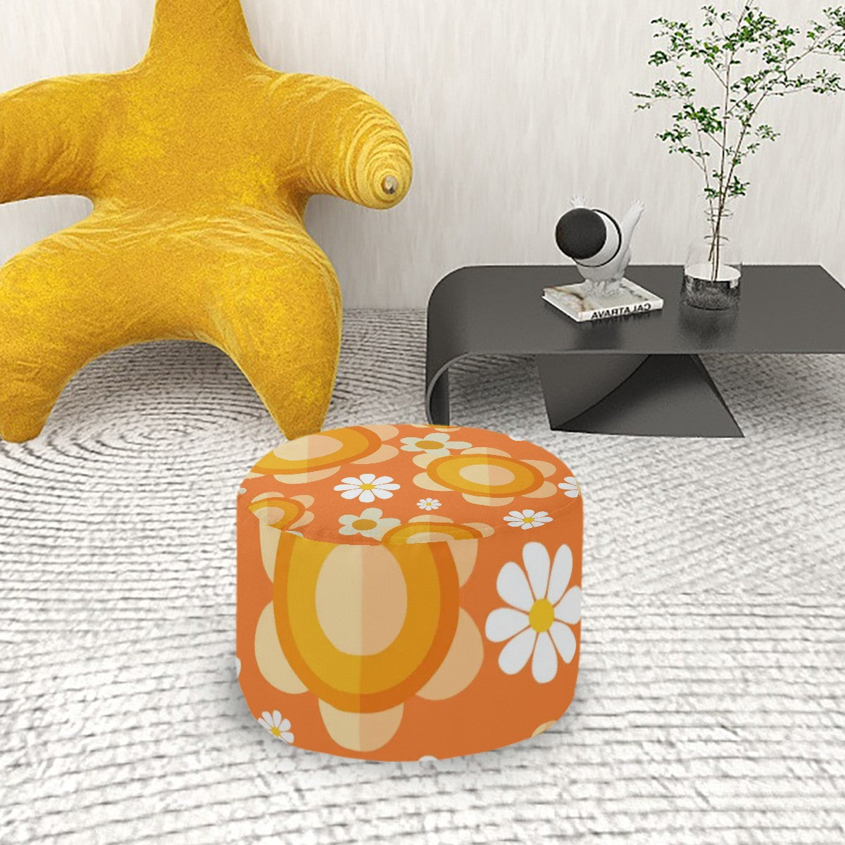 1970s Flower Power Retro Orange Mod Daisy Design MCM Round Pouf Ottoman