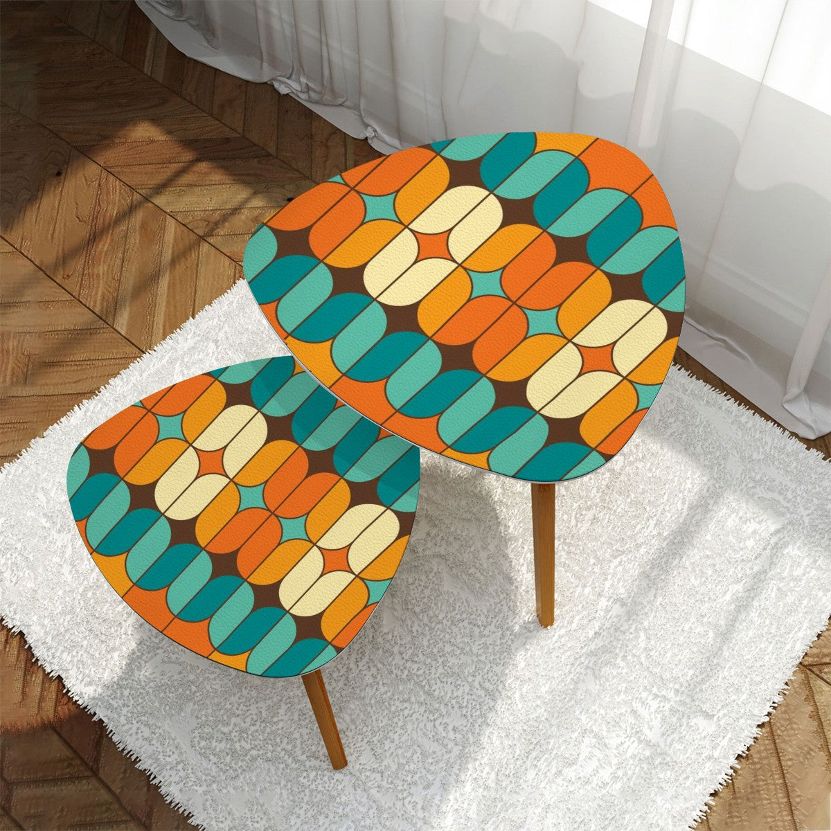 Mid Century Modern Nesting Tables, Orange Mod, Teal Geometric Designed Coffee Tables - Mid Century Modern Gal