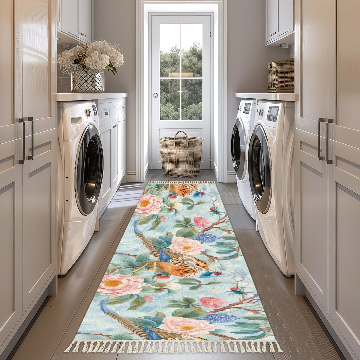 Chinoiserie Floral Pheasant Modern Runner Rug With Tassel Edges - Mid Century Modern Gal