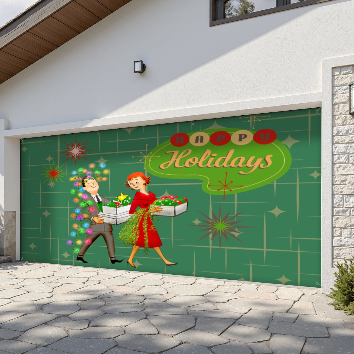 Mid Century Modern Happy Holidays Vintage Christmas Tree Garage Door Banner Backdrop - Mid Century Modern Gal