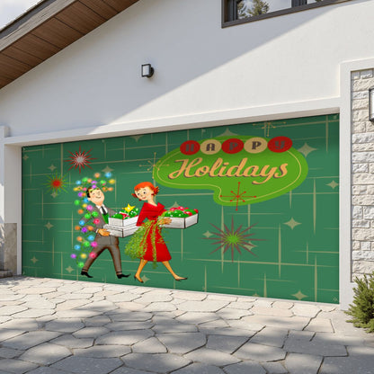 Mid Century Modern Happy Holidays Vintage Christmas Tree Garage Door Banner Backdrop - Mid Century Modern Gal