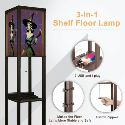 Mid Century Modern Vintage Pin Up Witch Purple Teal Halloween Floor Lamp with Shelves - Mid Century Modern Gal