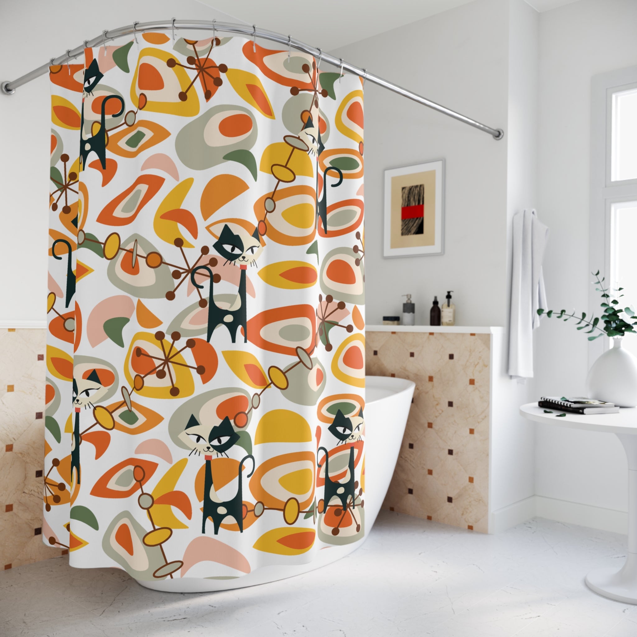 Atomic Cat Kitschy Shower Curtain, Orange Yellow Geometric MID Mod Bath Decor - Mid Century Modern Gal