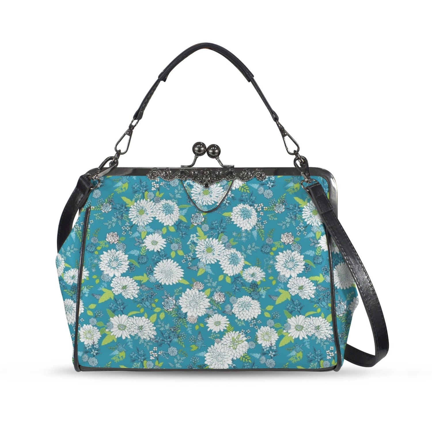Chinoiserie Floral Teal Green White Elegant Kisslock Crossbody Purse - Mid Century Modern Gal