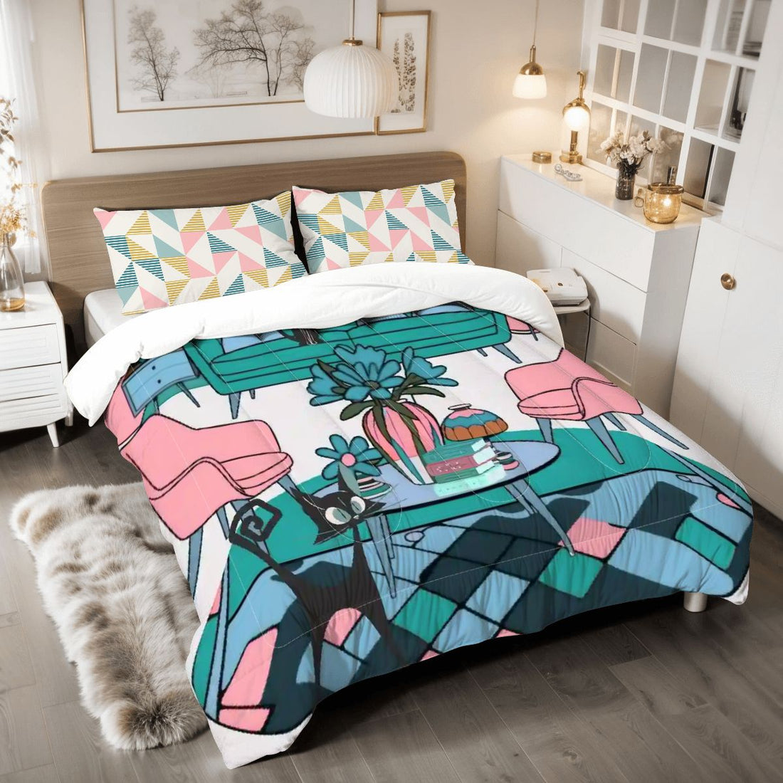 Mid Century Modern Atomic Kitschy Cats, Mod Lounge Scene, Retro MCM King Comforter Set - Mid Century Modern Gal