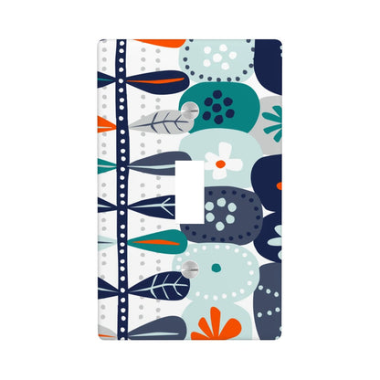 Modern Danish Scandinavian Floral Designed Blue, Teal, Orange White Switch Cover 1-Gang 1 Toggle - Mid Century Modern Gal