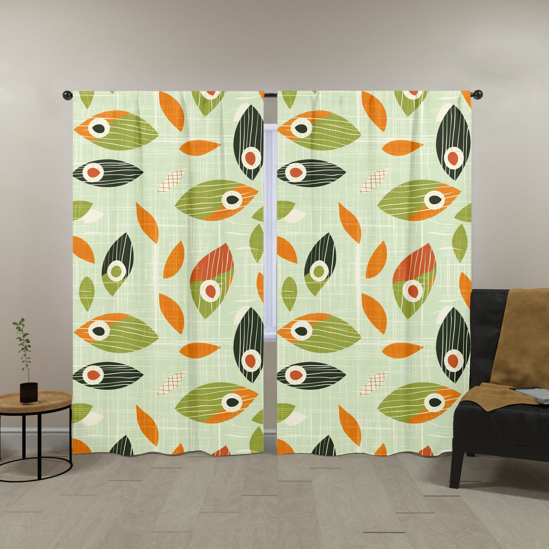 Mid Century Modern Scandinavian Leaves, Green, Orange, MCM Window Curtains (two panels)Window Curtains (two panels)